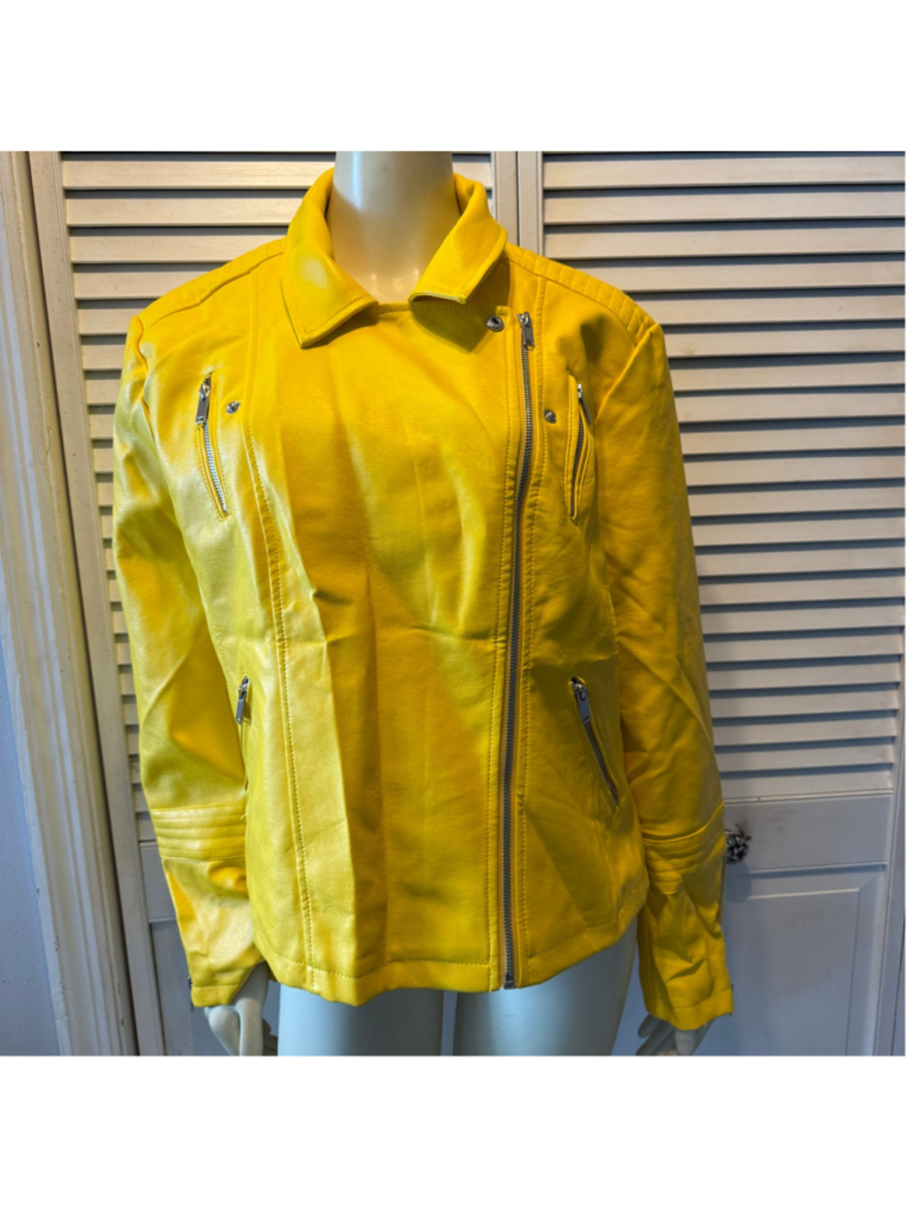 Fahsyee Women’s Yellow Faux Leather Moto Biker Jacket Asym Zip Vegan PU XXL